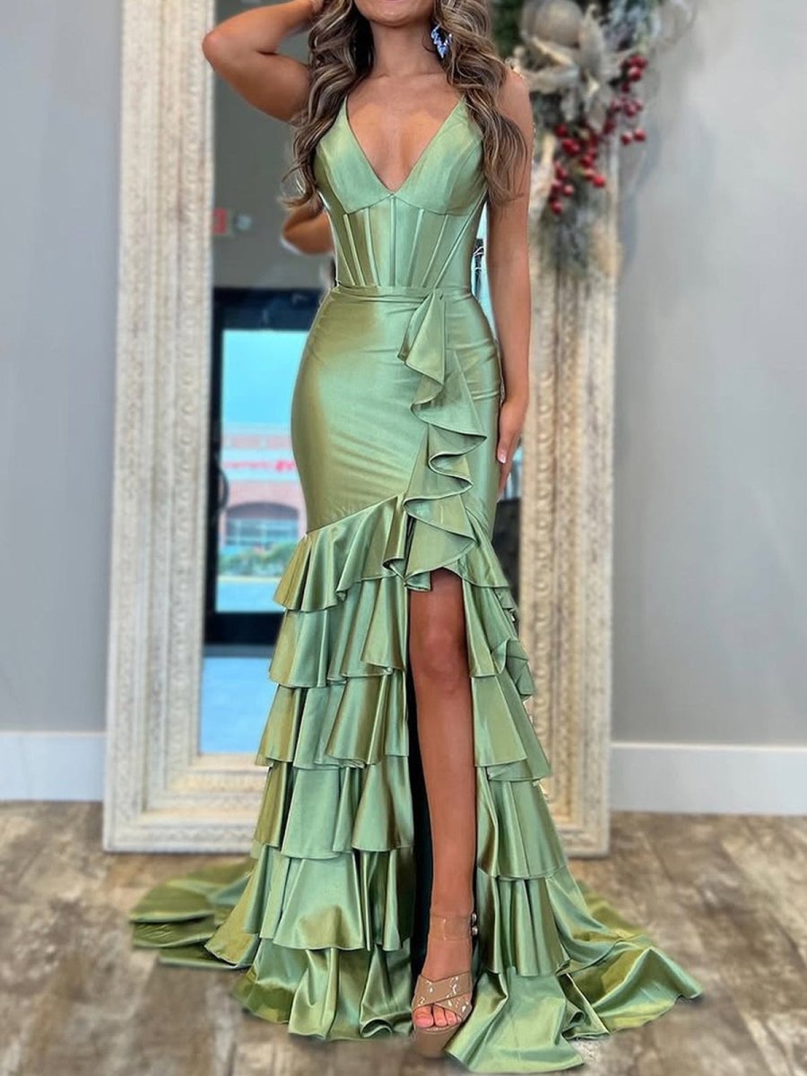 Kiran | Mermaid Sage V Neck Satin Long Prom Dress With Ruffle Skirt - KissProm