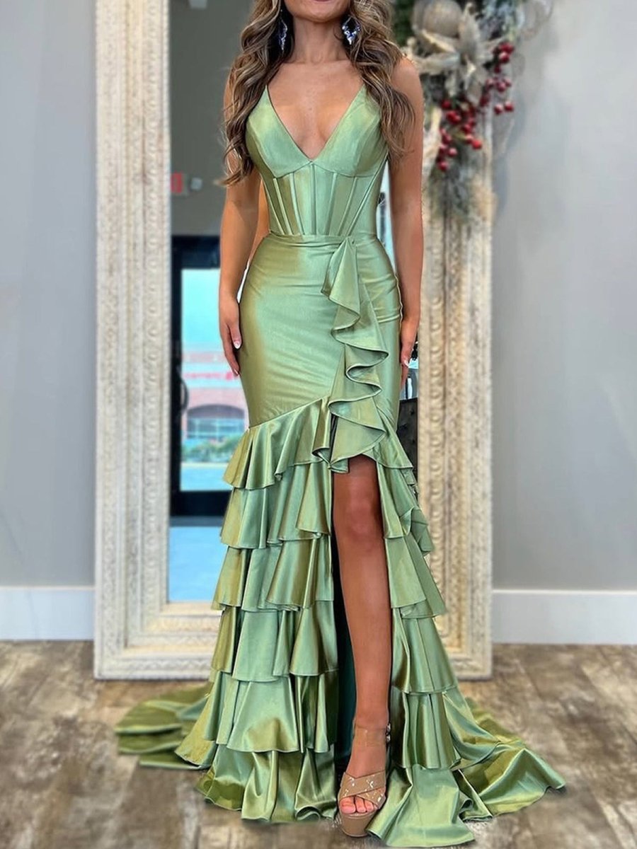 Kiran | Mermaid Sage V Neck Satin Long Prom Dress With Ruffle Skirt - KissProm