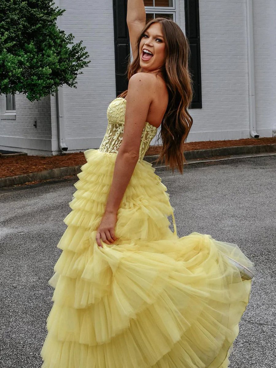 Korrine | Yellow Sweeteart A Line Tiered Tulle Long Prom Dress - KissProm