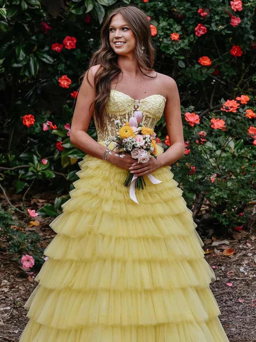 Korrine | Yellow Sweeteart A Line Tiered Tulle Long Prom Dress - KissProm