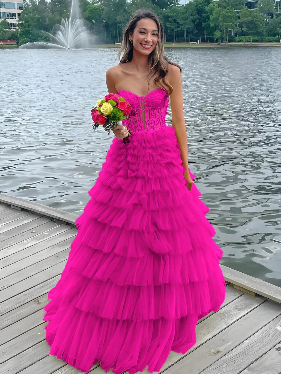 Korrine | Yellow Sweeteart A Line Tiered Tulle Long Prom Dress - KissProm