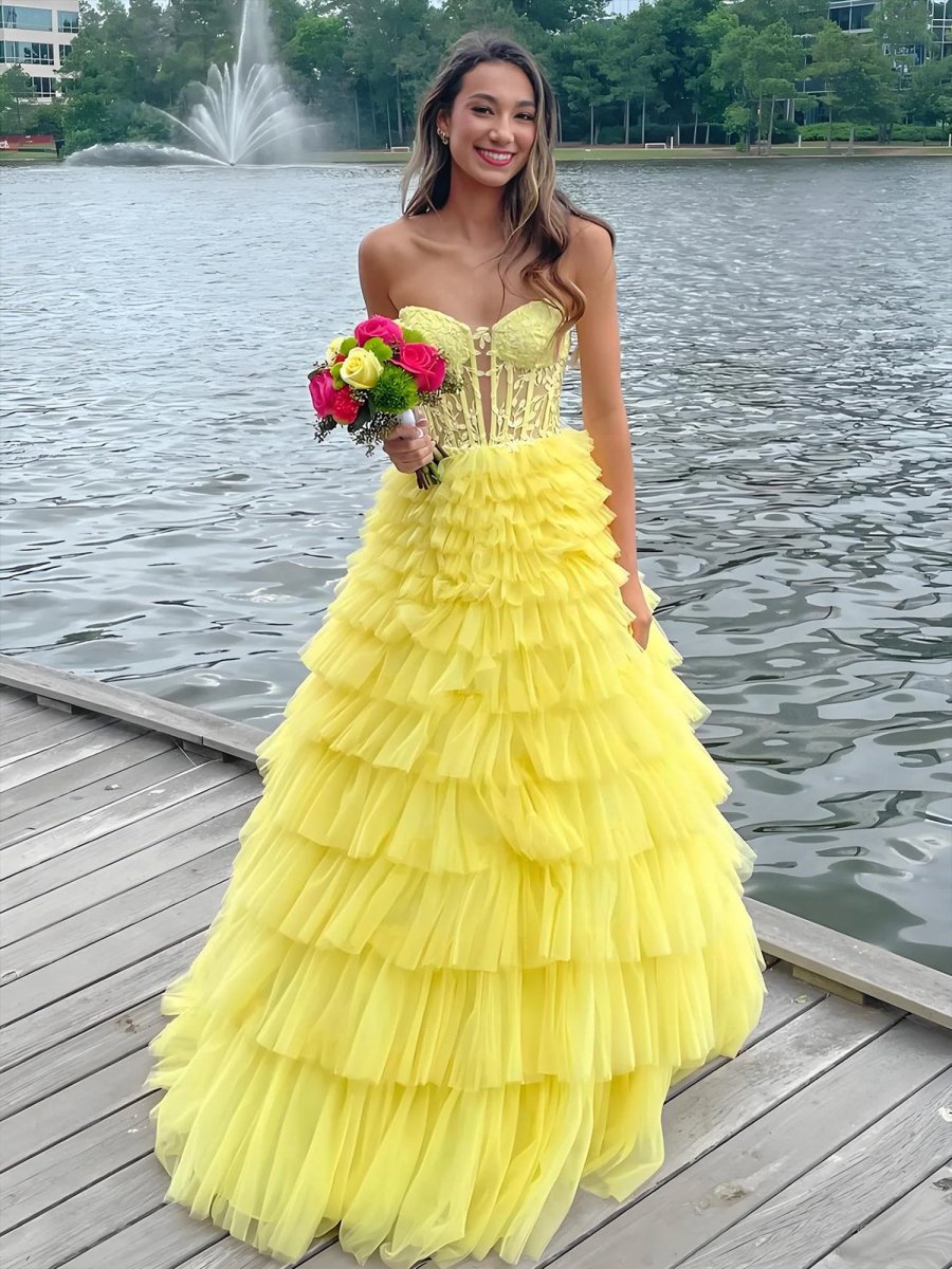 Korrine | Yellow Sweeteart A Line Tiered Tulle Long Prom Dress - KissProm