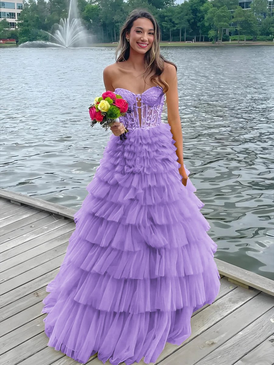 Korrine | Yellow Sweeteart A Line Tiered Tulle Long Prom Dress - KissProm