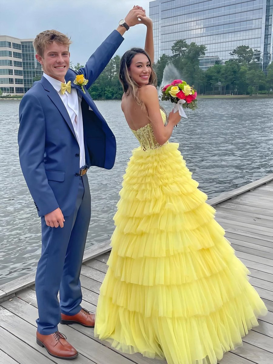 Korrine | Yellow Sweeteart A Line Tiered Tulle Long Prom Dress - KissProm