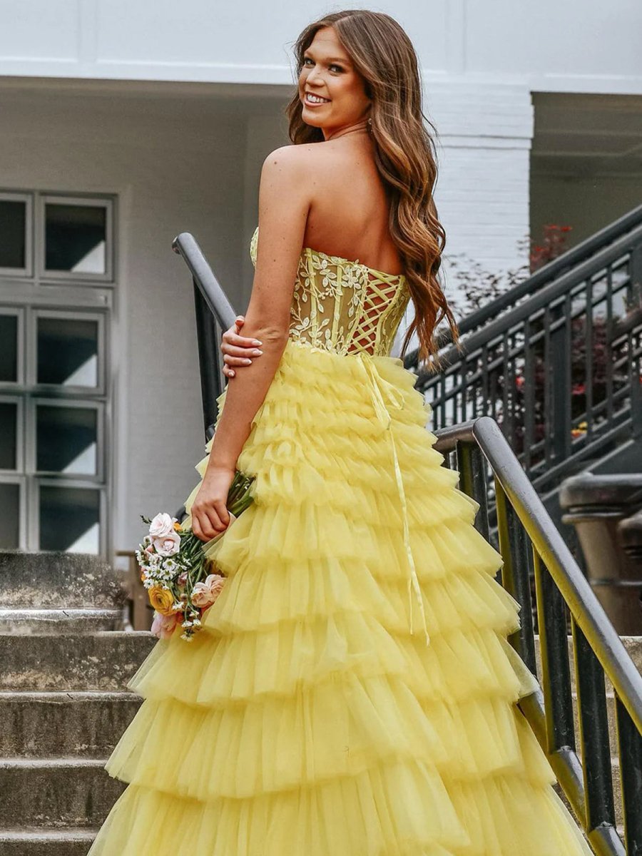 Korrine | Yellow Sweeteart A Line Tiered Tulle Long Prom Dress - KissProm