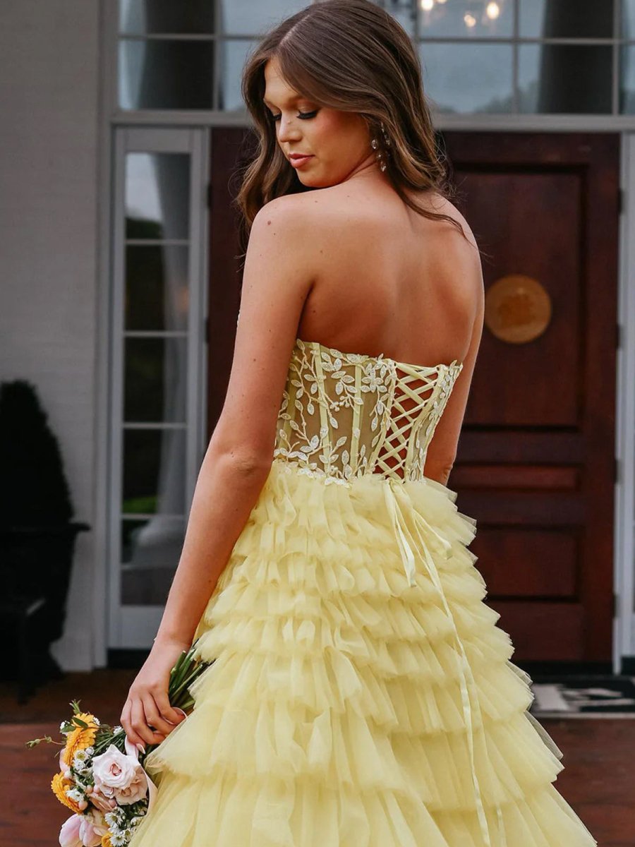 Korrine | Yellow Sweeteart A Line Tiered Tulle Long Prom Dress - KissProm