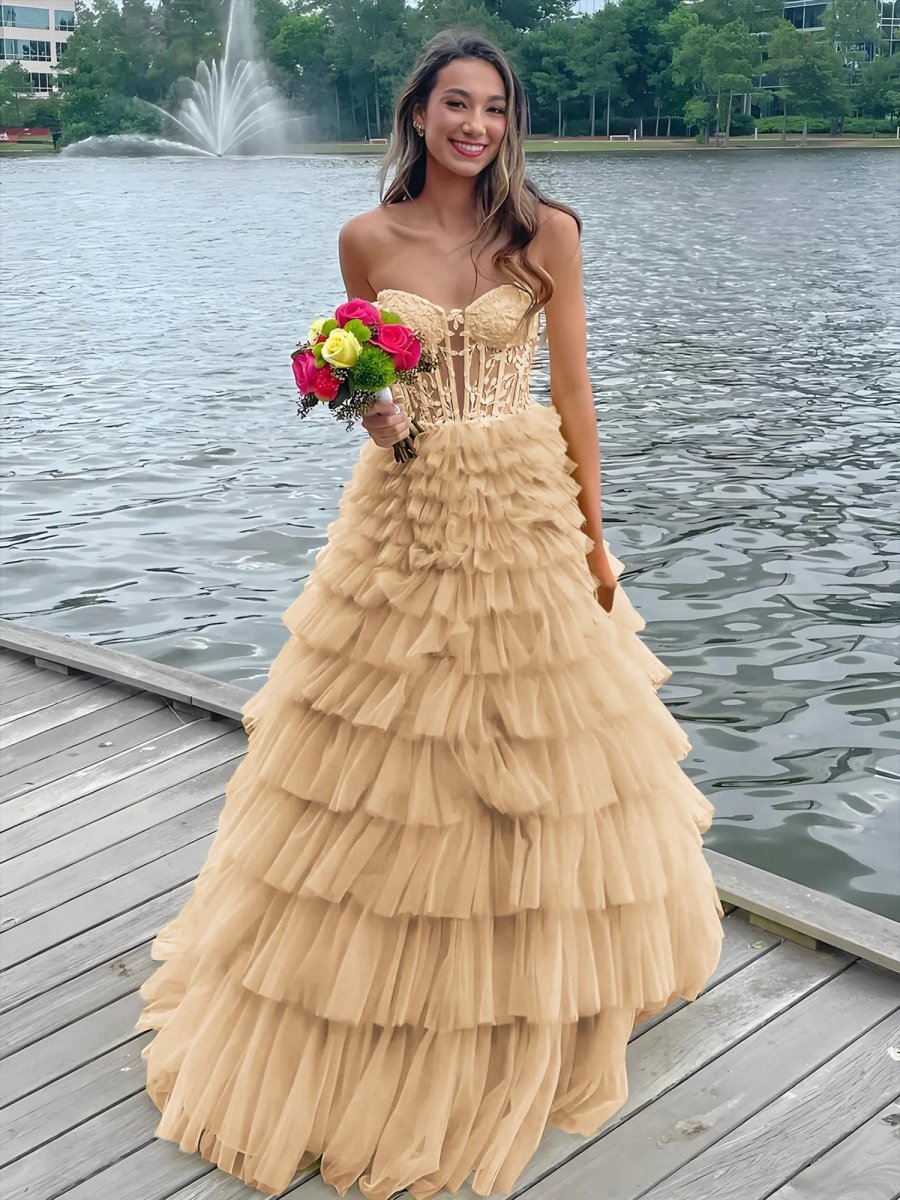 Korrine | Yellow Sweeteart A Line Tiered Tulle Long Prom Dress - KissProm