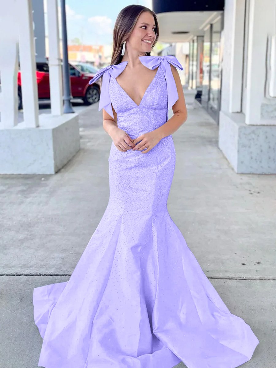 Kycera | Sky Blue V Neck Mermaid Satin Long Prom Dress With Bow - KissProm