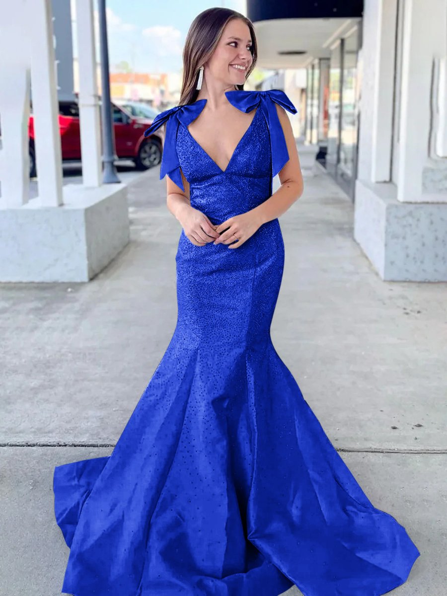 Kycera | Sky Blue V Neck Mermaid Satin Long Prom Dress With Bow - KissProm