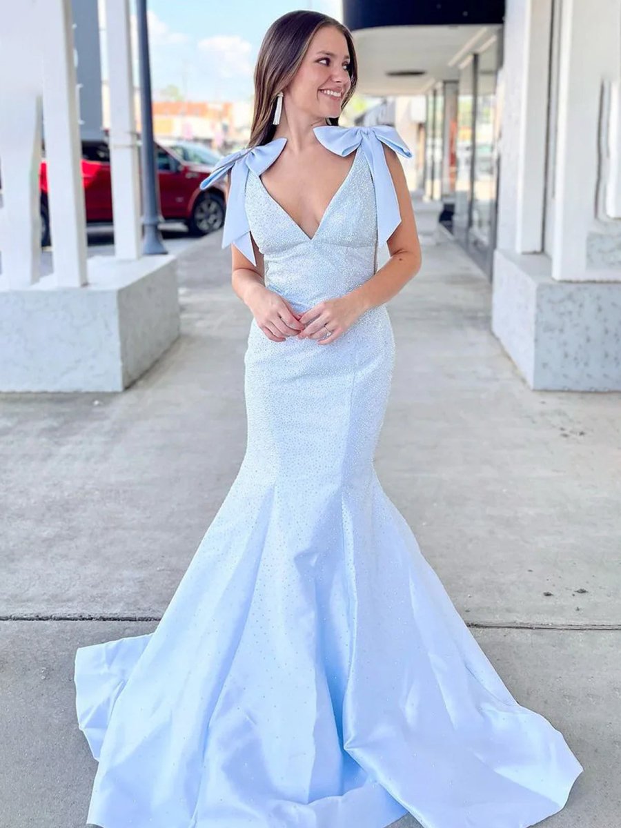 Kycera | Sky Blue V Neck Mermaid Satin Long Prom Dress With Bow - KissProm