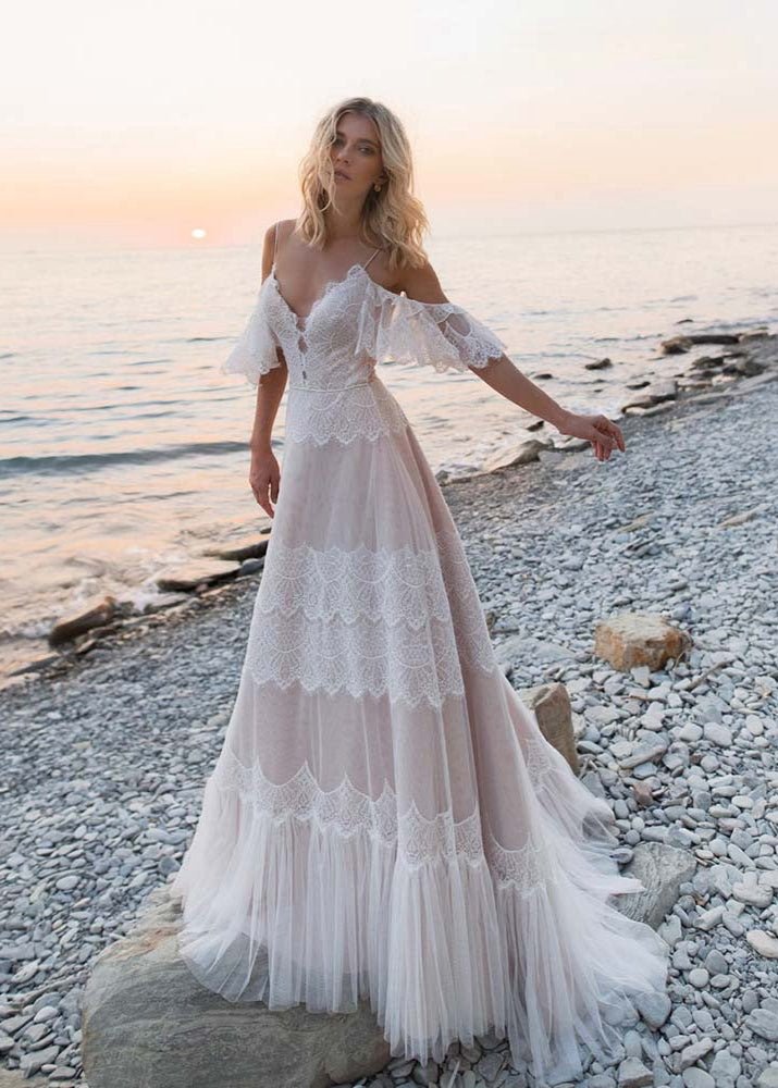 Bohemian Beach Champagne Spaghetti Straps Backless Wedding Dresses - KissProm