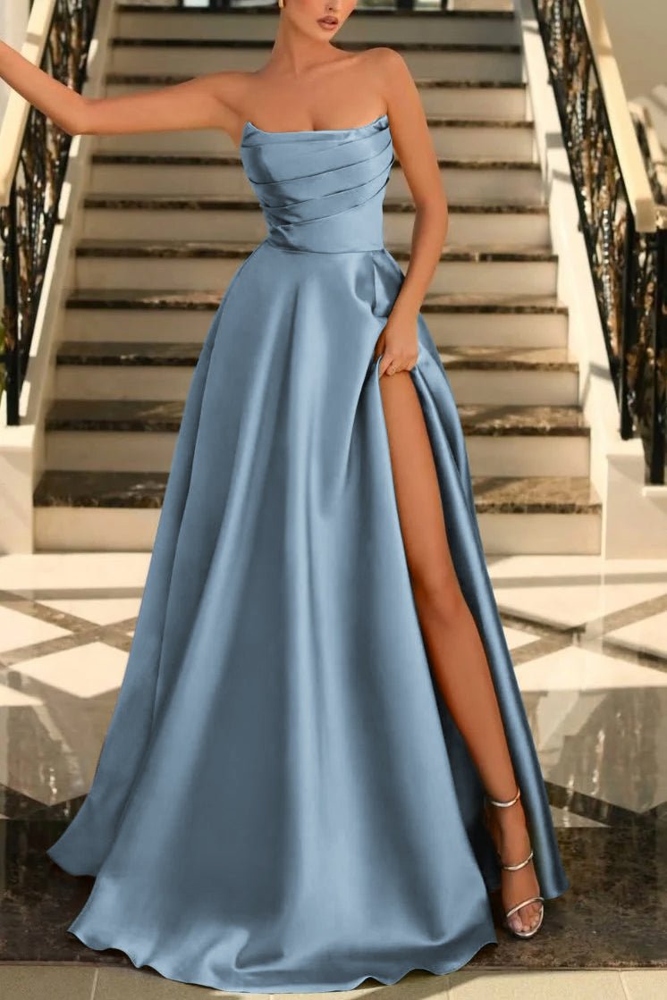 Lachlan | Satin A - Line Scoop Empire - Waist Pleated Satin High Slit Formal Prom Dress - KissProm