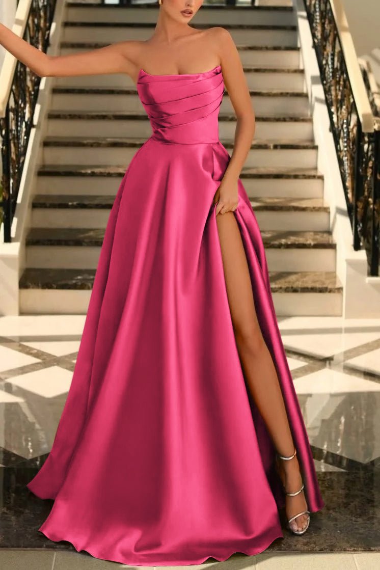 Lachlan | Satin A - Line Scoop Empire - Waist Pleated Satin High Slit Formal Prom Dress - KissProm