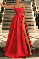 Lachlan | Satin A - Line Scoop Empire - Waist Pleated Satin High Slit Formal Prom Dress - KissProm