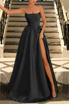 Lachlan | Satin A - Line Scoop Empire - Waist Pleated Satin High Slit Formal Prom Dress - KissProm