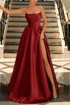 Lachlan | Satin A - Line Scoop Empire - Waist Pleated Satin High Slit Formal Prom Dress - KissProm