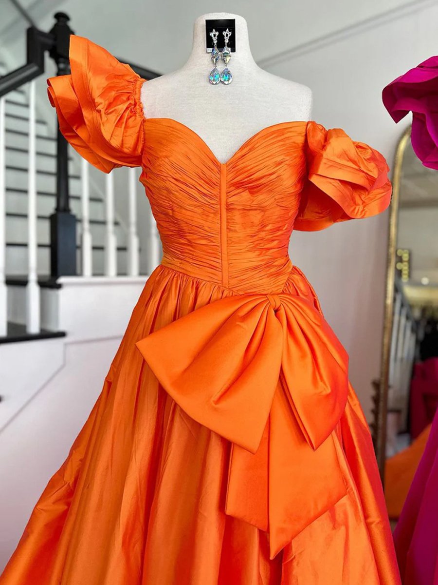 Lael | Orange Sweetheart Pleated A - Line Prom Dress With Bow - KissProm