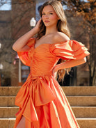 Lael | Orange Sweetheart Pleated A - Line Prom Dress With Bow - KissProm