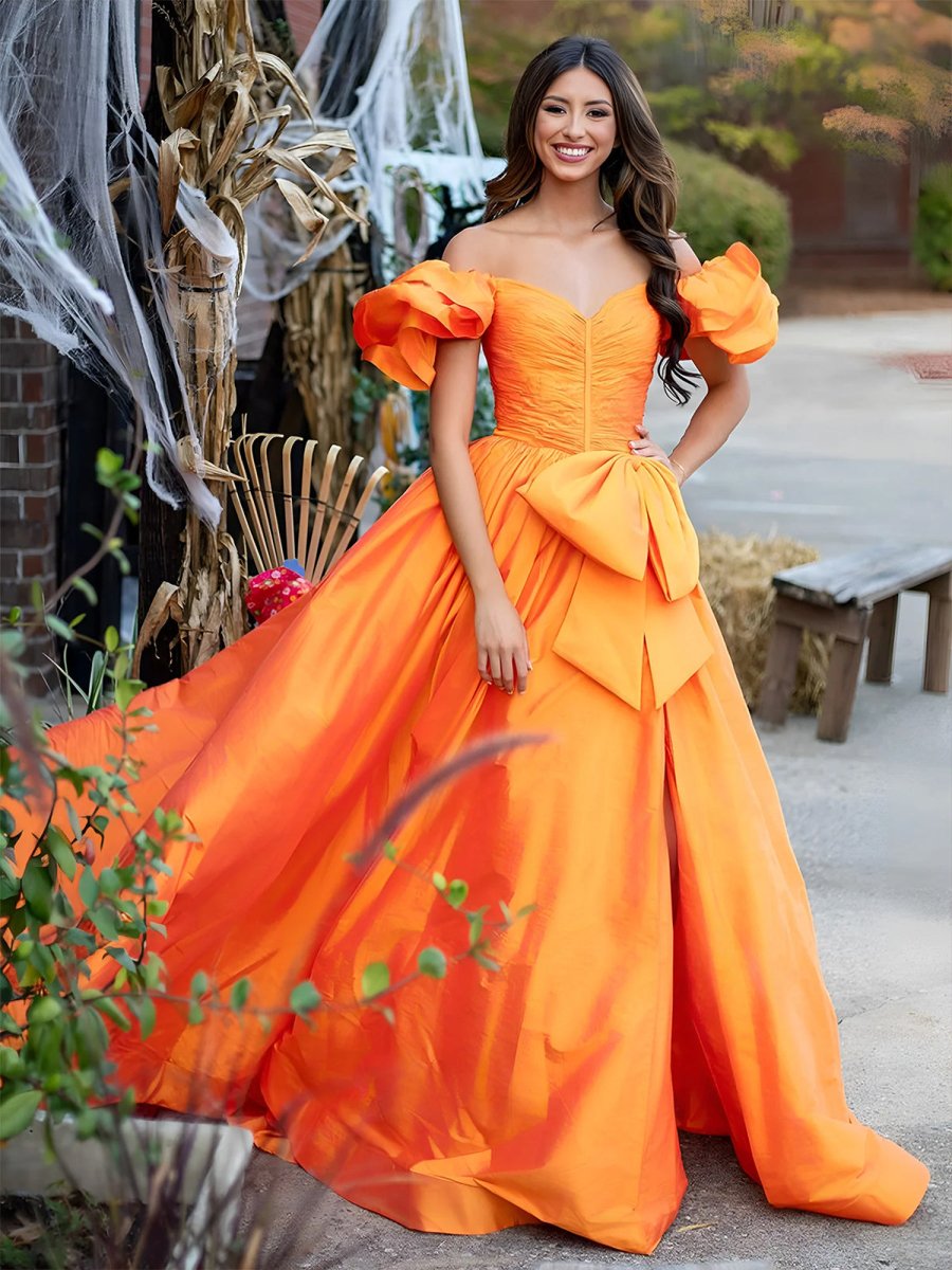 Lael | Orange Sweetheart Pleated A - Line Prom Dress With Bow - KissProm