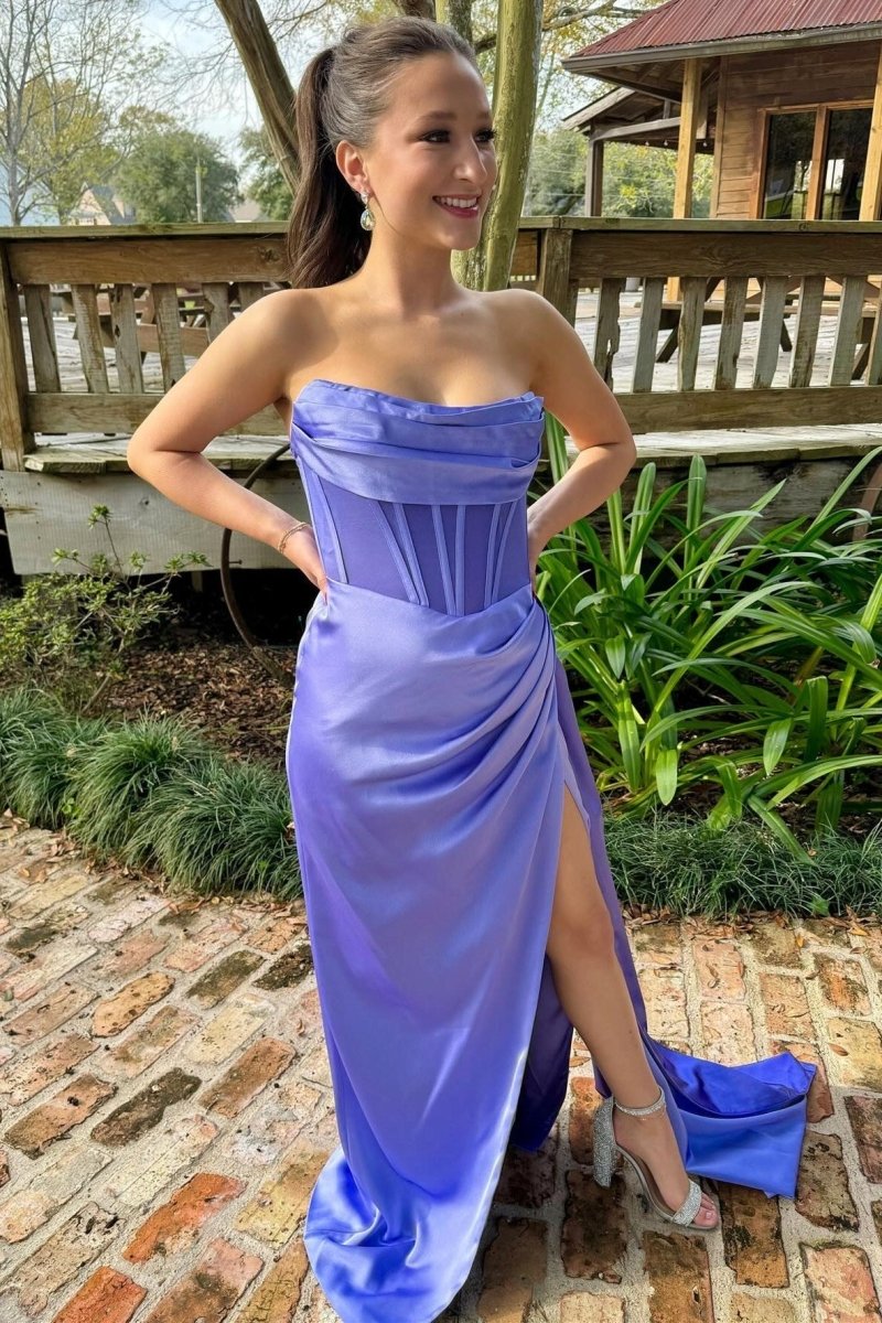 Laken | Periwinkle Strapless Pleated Formal Dress with Attached Train - KissProm