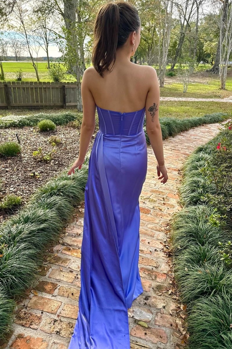 Laken | Periwinkle Strapless Pleated Formal Dress with Attached Train - KissProm