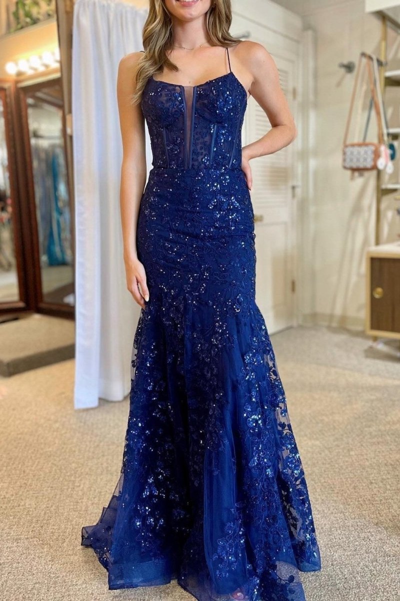 Lance | Blue Sequin Lace Spaghetti Strap Mermaid Long Formal Dress - KissProm