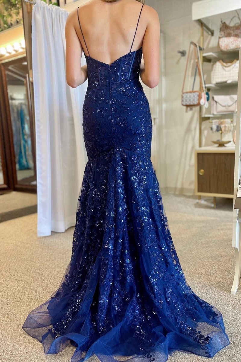 Lance | Blue Sequin Lace Spaghetti Strap Mermaid Long Formal Dress - KissProm