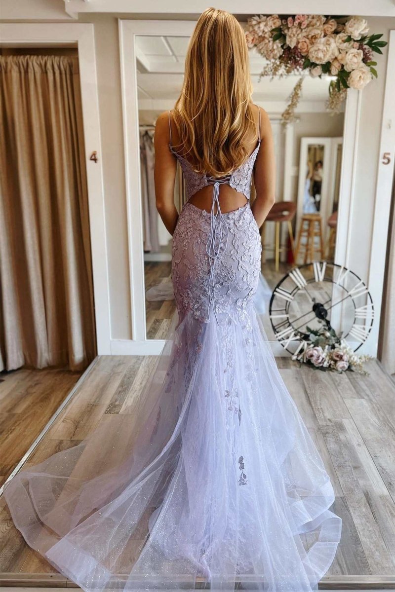 Leighton |Mermaid V neck Lace Glitter Tulle Prom Dress - KissProm