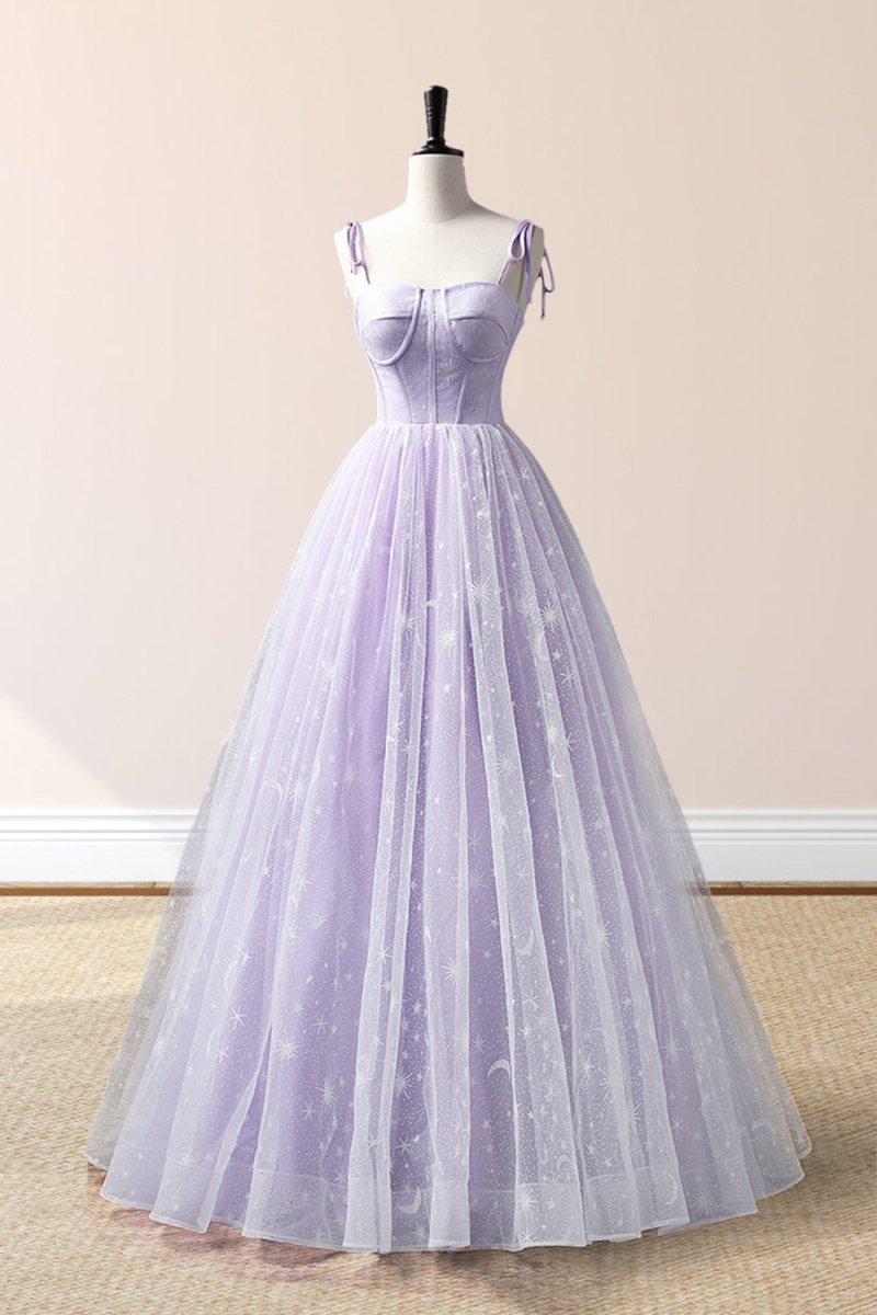 Janelle | Lavender Tulle Straps Floor Length Evening Dress, Lavender A - Line Prom Dress - KissProm