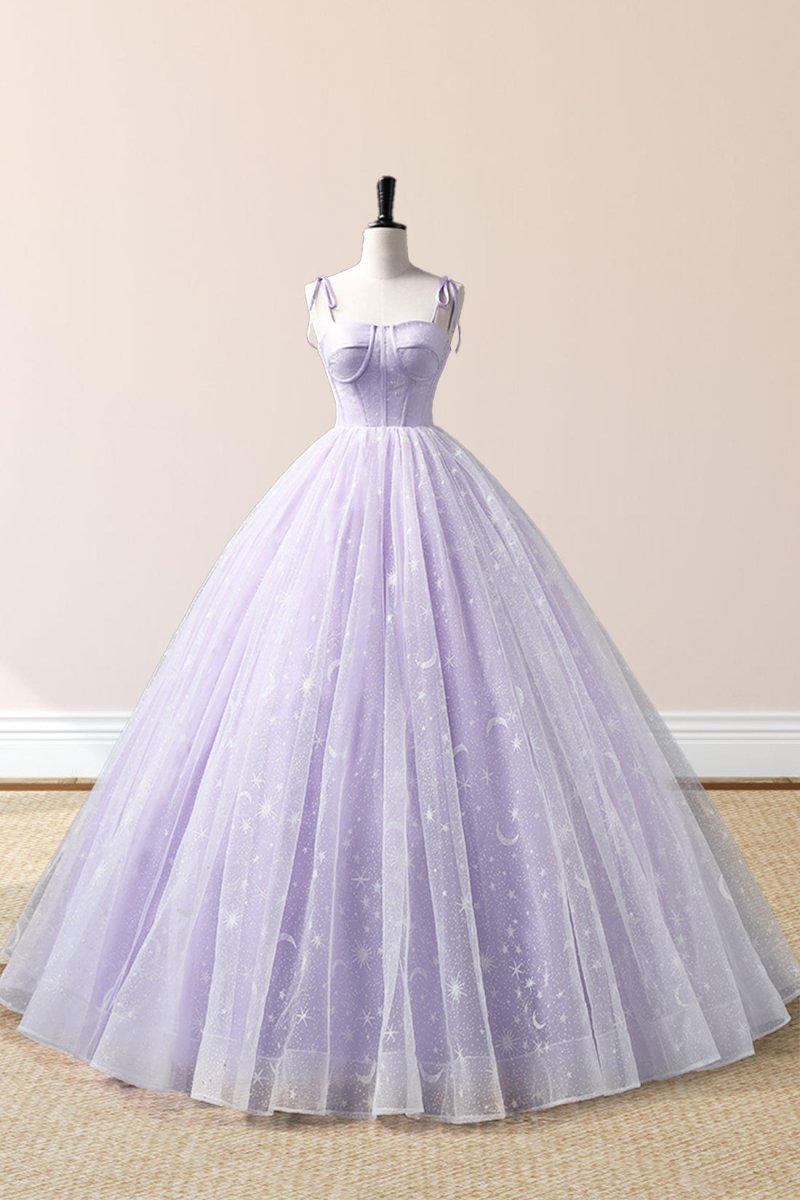 Janelle | Lavender Tulle Straps Floor Length Evening Dress, Lavender A - Line Prom Dress - KissProm