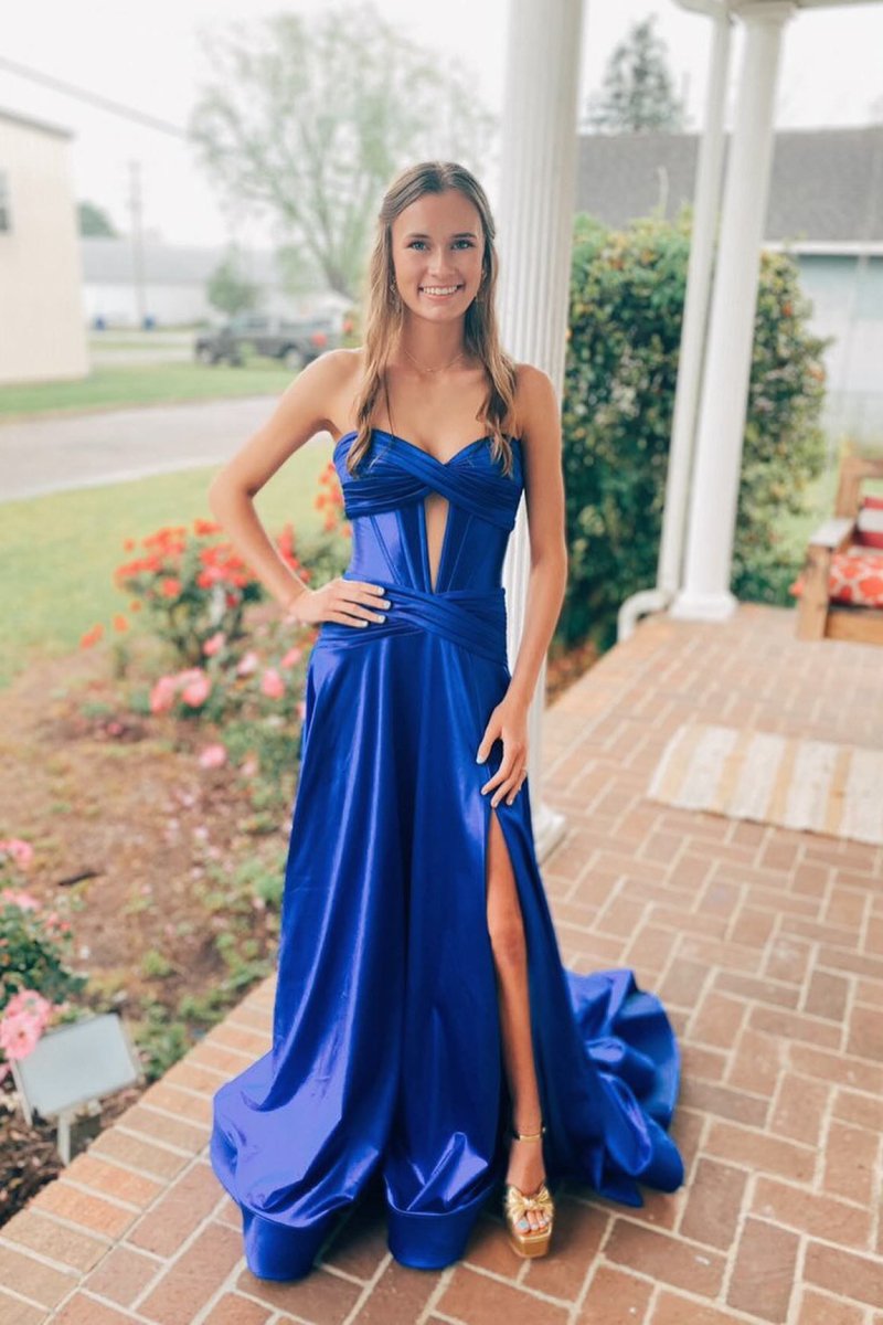 Leif | A Line Sweetheart Royal Blue Keyhole Long Prom Dress - KissProm