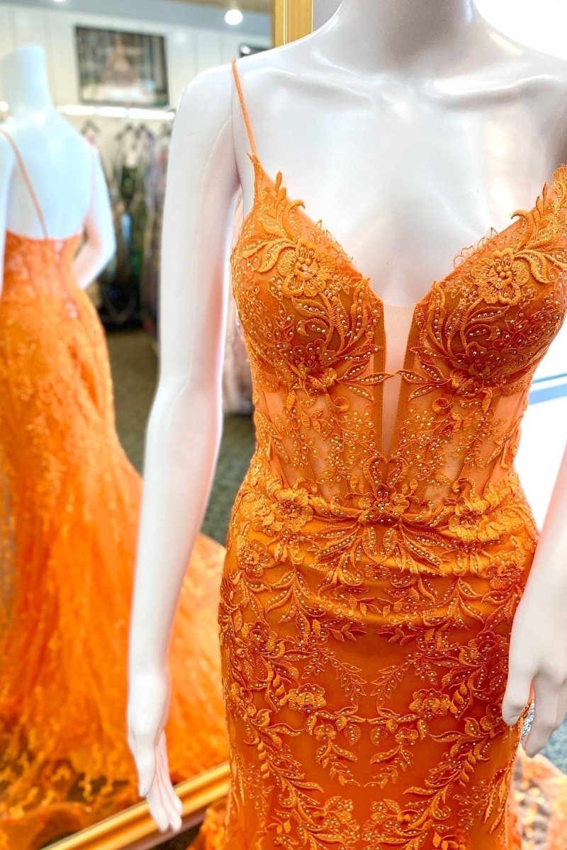 Lesha | Orange Lace Spaghetti Straps Mermaid Long Formal Dress - KissProm