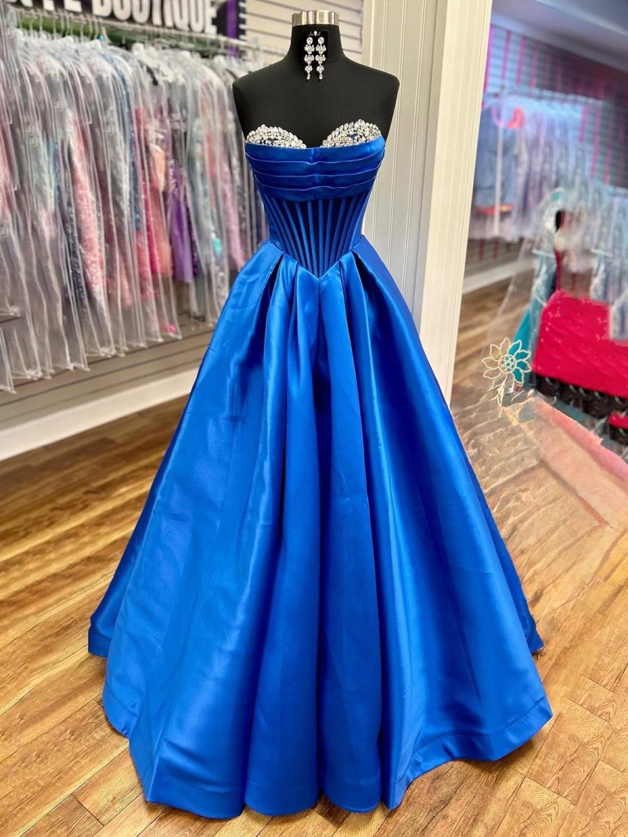 Liabelle | A - Line Beaded Sweetheart Royal Blue Satin Prom Dress - KissProm