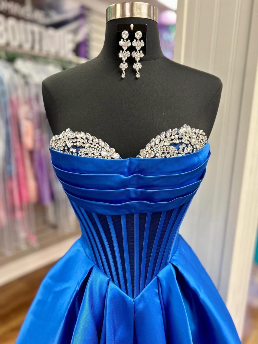 Liabelle | A - Line Beaded Sweetheart Royal Blue Satin Prom Dress - KissProm