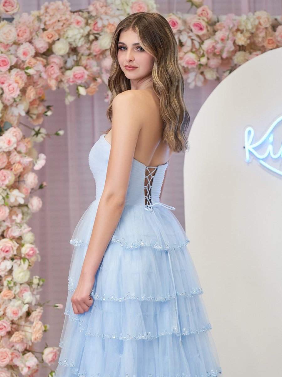 Braelyn | Light Blue Strapless Layered Tulle Prom Dress with Sequins - KissProm