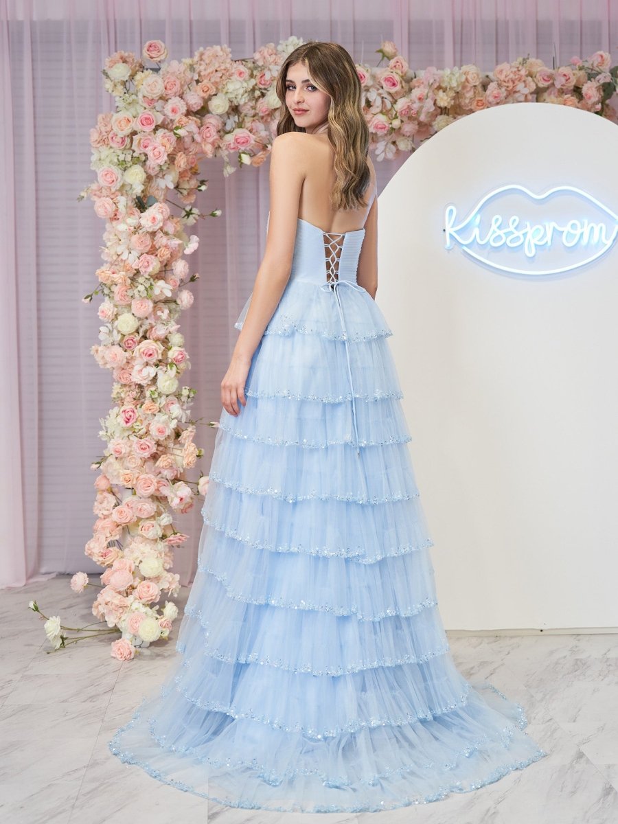 Braelyn | Light Blue Strapless Layered Tulle Prom Dress with Sequins - KissProm