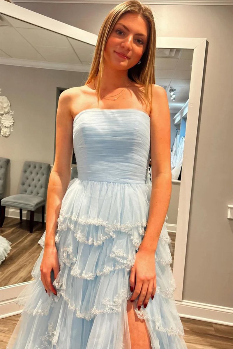 Braelyn | Light Blue Strapless Layered Tulle Prom Dress with Sequins - KissProm