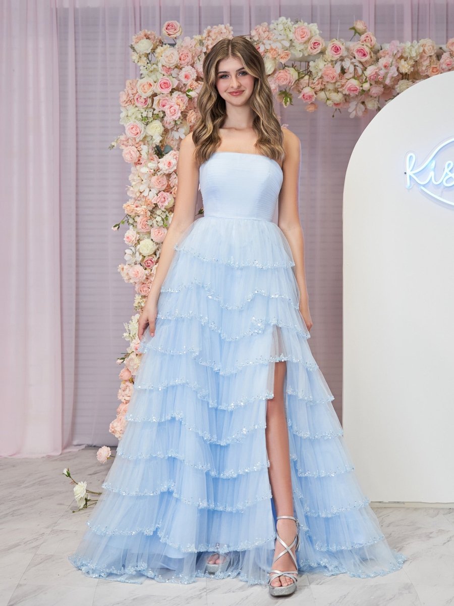 Braelyn | Light Blue Strapless Layered Tulle Prom Dress with Sequins - KissProm