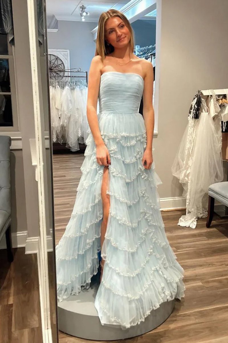 Braelyn | Light Blue Strapless Layered Tulle Prom Dress with Sequins - KissProm