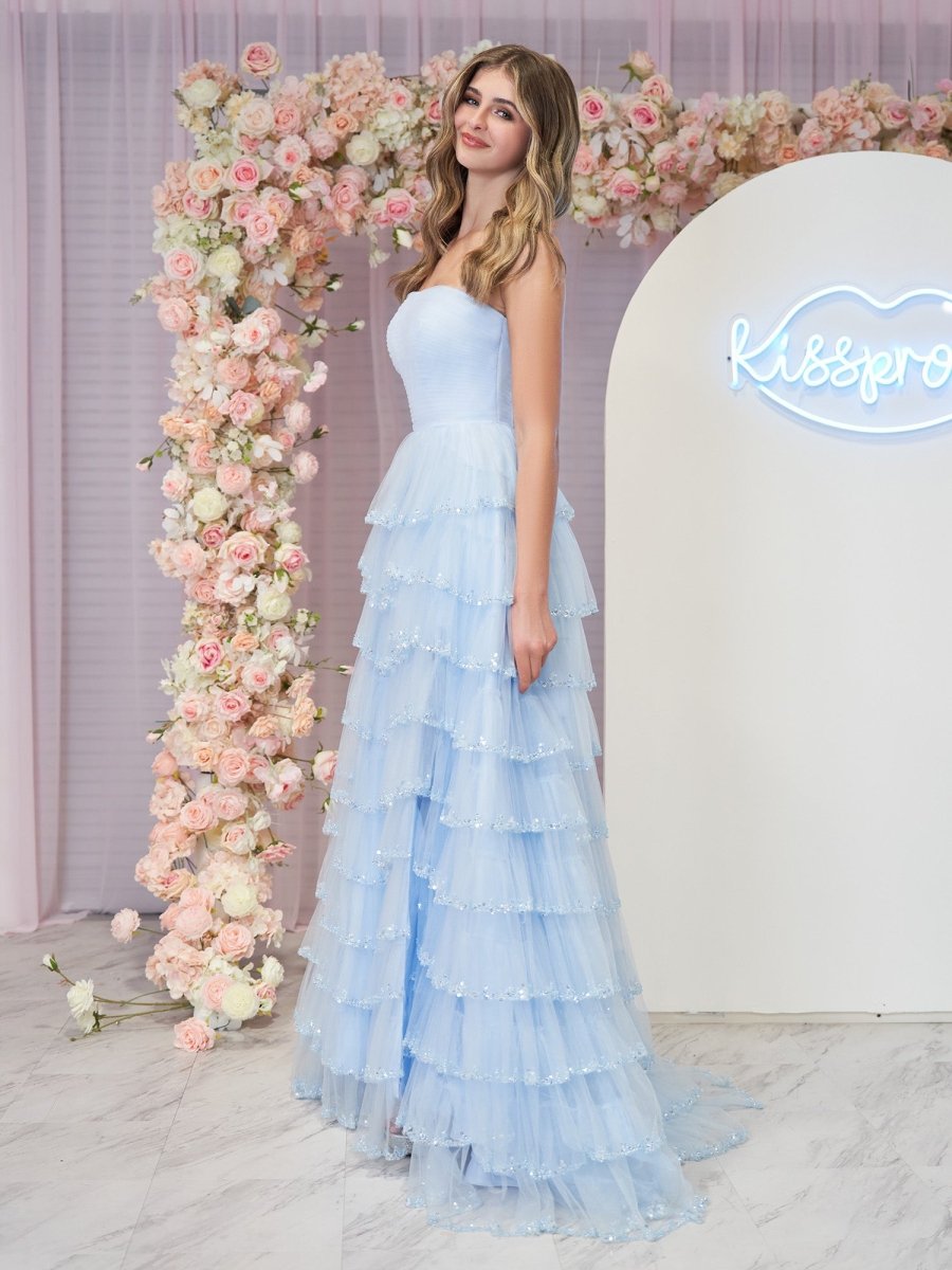 Braelyn | Light Blue Strapless Layered Tulle Prom Dress with Sequins - KissProm