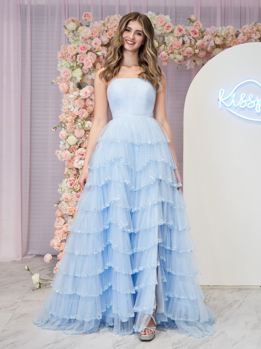 Braelyn | Light Blue Strapless Layered Tulle Prom Dress with Sequins - KissProm