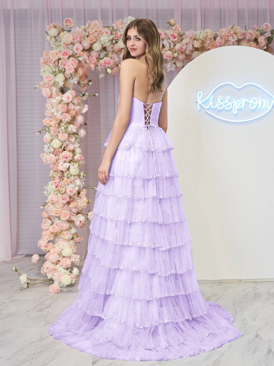 Braelyn | Light Blue Strapless Layered Tulle Prom Dress with Sequins - KissProm