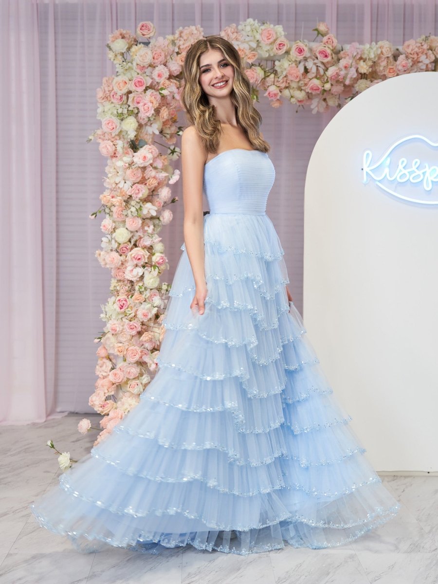 Braelyn | Light Blue Strapless Layered Tulle Prom Dress with Sequins - KissProm