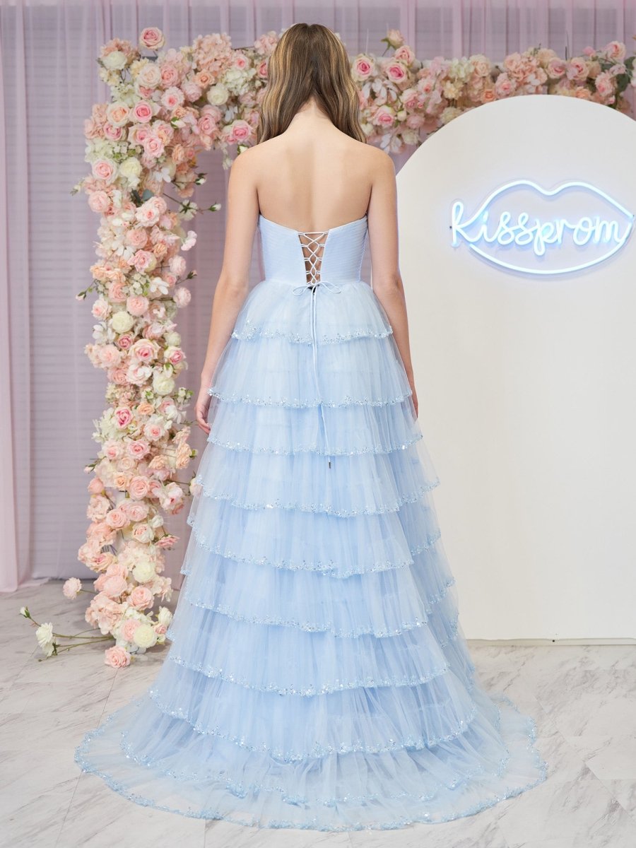 Braelyn | Light Blue Strapless Layered Tulle Prom Dress with Sequins - KissProm