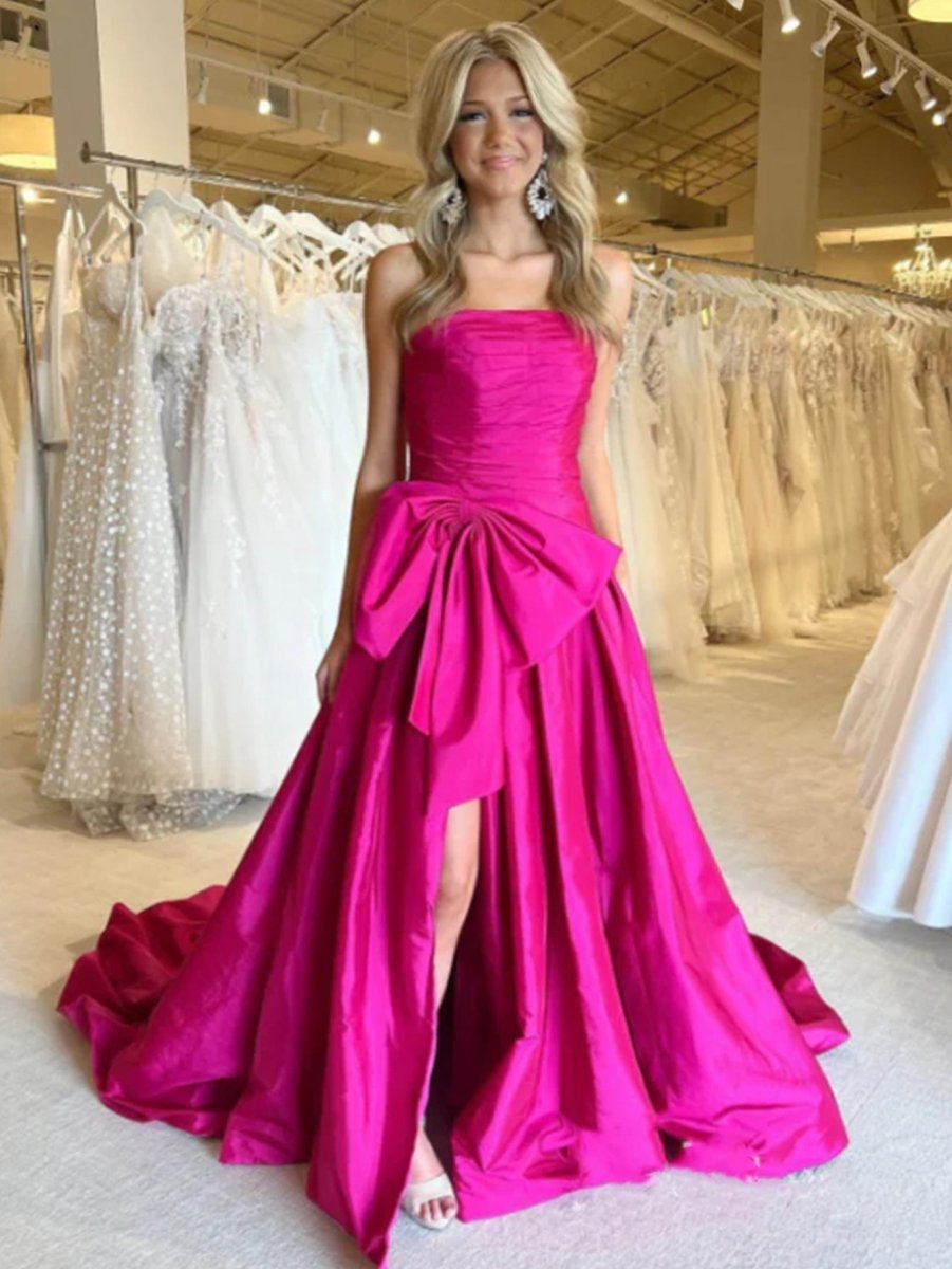 Maisie |A - line Strapless Taffeta Long Prom Dress With Slit - KissProm