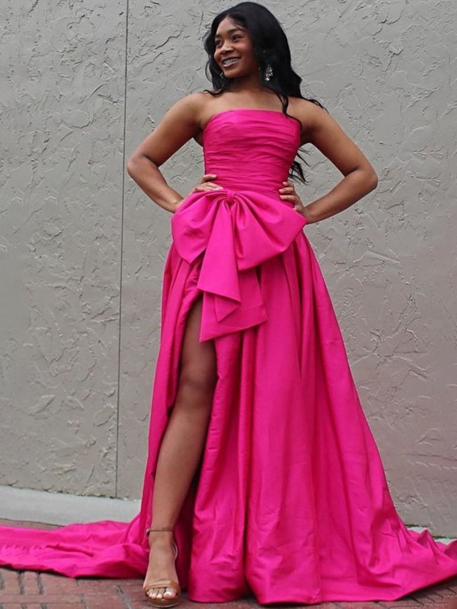 Maisie |A - line Strapless Taffeta Long Prom Dress With Slit - KissProm