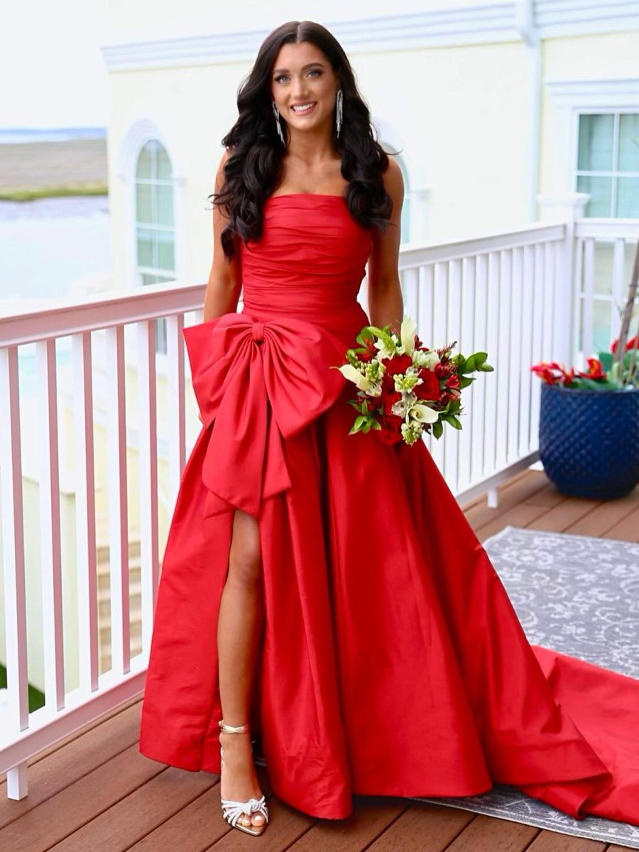 Maisie |A - line Strapless Taffeta Long Prom Dress With Slit - KissProm