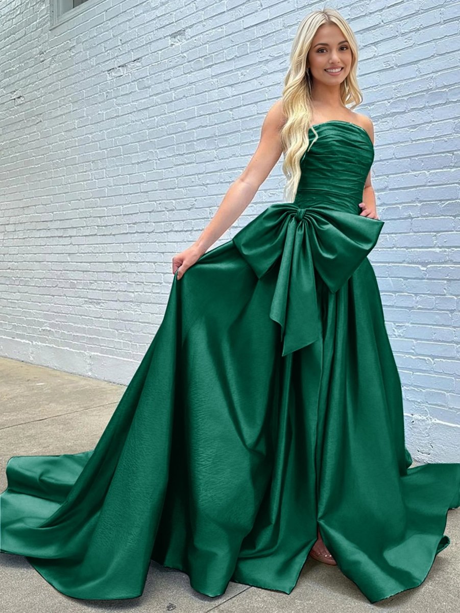 Maisie |A - line Strapless Taffeta Long Prom Dress With Slit - KissProm