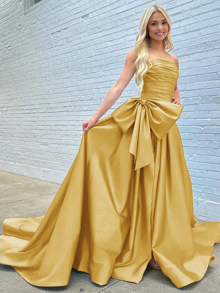 Maisie |A - line Strapless Taffeta Long Prom Dress With Slit - KissProm