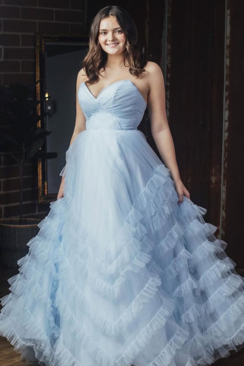 Light Blue Strapless Ruffle Long Prom Dress - KissProm